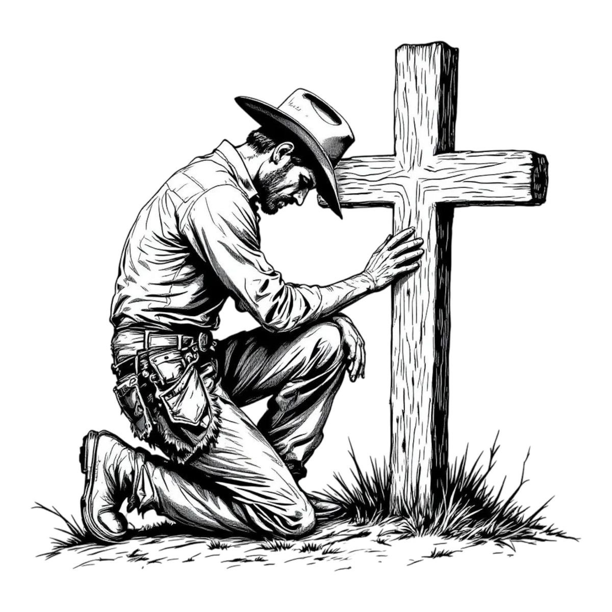 Praying Cowboy Line Art – Christian Western Clip Art for Silhouette & Cricut Kneeling Cowboy Praying at Cross SVG – Western Faith Digital Download
