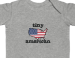 USA Flag Map Baby Onesie "Tiny American" Patriotic Quote Soft Cotton Newborn Bodysuit Soft Heather Gender Neutral Premium