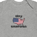USA Flag Map Baby Onesie "Tiny American" Patriotic Quote Soft Cotton Newborn Bodysuit Soft Heather Gender Neutral Premium