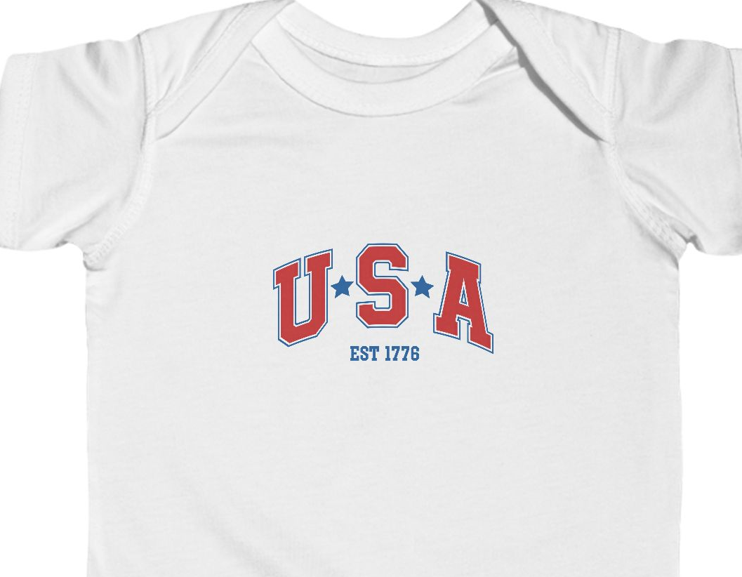 Front (ss9) United States Heritage Baby Onesie – "USA EST 1776" Collegiate Graphic – Soft Cotton Newborn Bodysuit – Baby Shower Gift - Image 1
