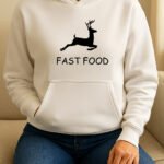 Funny Hunter's Graphic Tee – "Fast Food" Black Deer Silhouette– Premium Heavyweight Sweatshirt. Hooded Sweatshirt