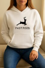 Funny Hunter's Graphic Tee – "Fast Food" Black Deer Silhouette– Premium Heavyweight Sweatshirt. Hooded Sweatshirt