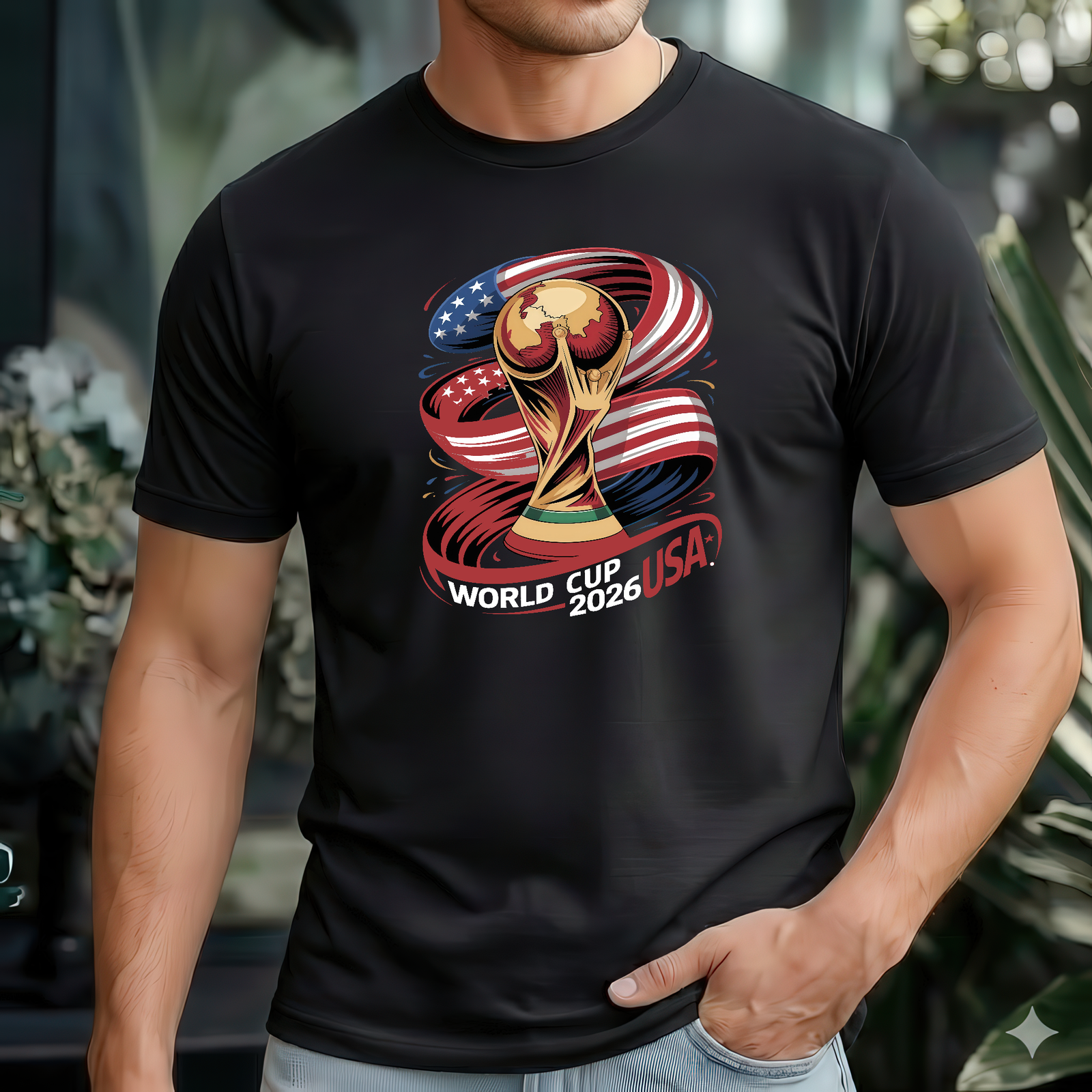 Mockup Woman_27 USA 2026 Soccer World Cup Fan Shirt – Golden Trophy & Stars and Stripes Graphic – Premium Fitted 100% Cotton Tee Stylish, Gift - Image 1