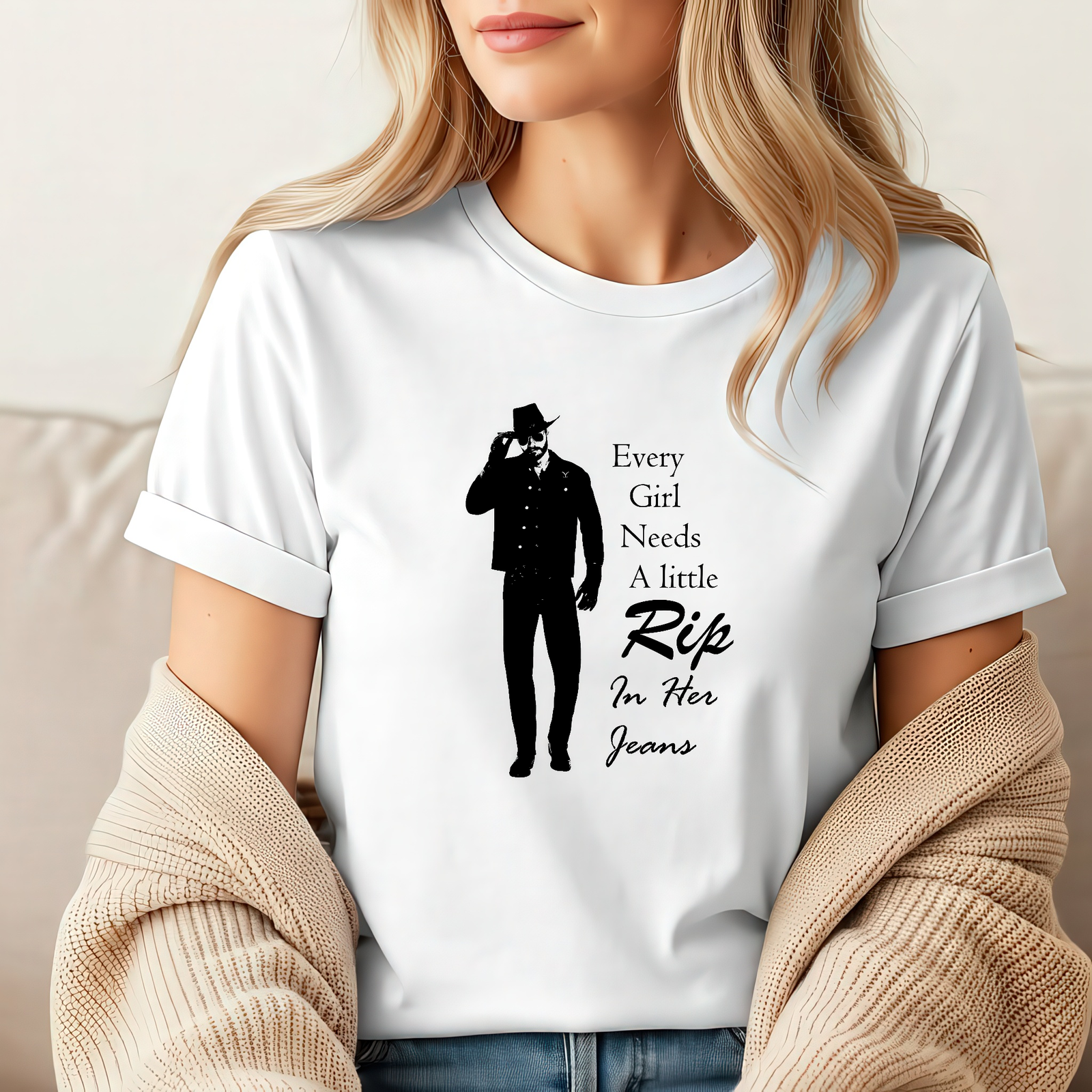 yellowstone "Every Girl Needs a Rip in Her Jeans" Funny Yellowstone T-Shirt Rip Wheeler Graphic Tee Western Fan Apparel – Cowboy Humor Shirt – Unisex Tee Shirt Premium Fitted 100% Cotton Tee - Image 1