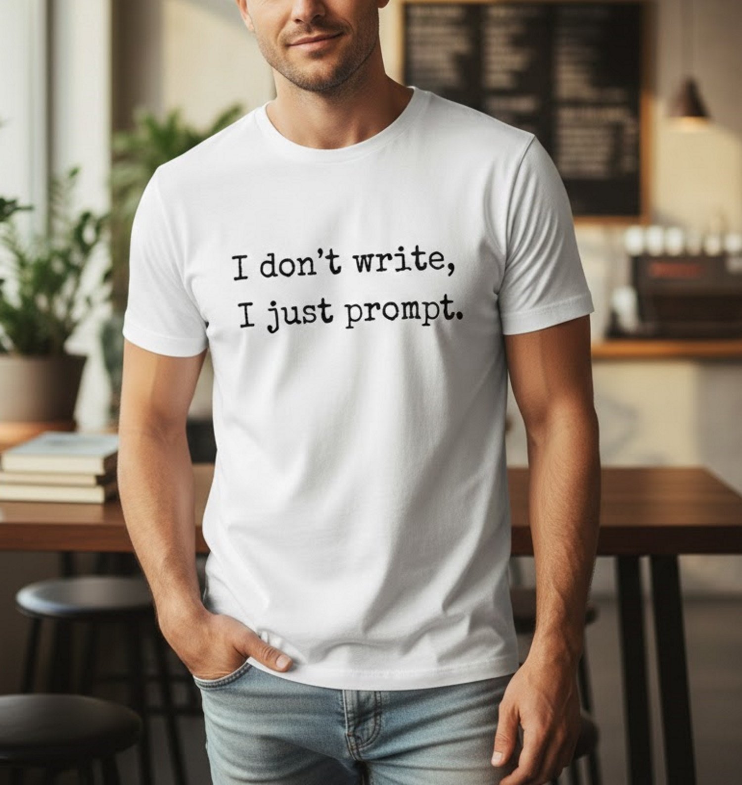 Mockup Woman_40 I Don’t Write I Just Prompt – Funny AI T-Shirt Design – Unisex Tee Shirt Premium Fitted 100% Cotton Tee - Image 1