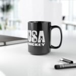 15oz USA Hockey Mug - Black 15oz Ceramic Coffee Cup, Team USA Ice Hockey Varsity Logo with Player Silhouettes, Patriotic Sports Fan Gift & Coach Appreciation Mug  – Ceramic Coffee Cup Humor Mug - Image 2