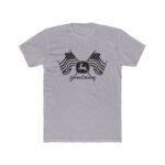 Patriotic American Crossed Flags John Deere Tractor T-Shirt – Farm Life Graphic – Heather Gray Unisex Farmer Pride Tee - Unisex Tee Shirt Premium Fitted 100% Cotton Tee - Image 2