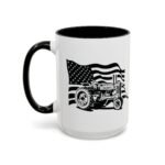 Patriotic American Flag John Deere Tractor Coffee Mug – 15oz Ceramic Farm Life Cup with Black Handle – Vintage Farmer Gift