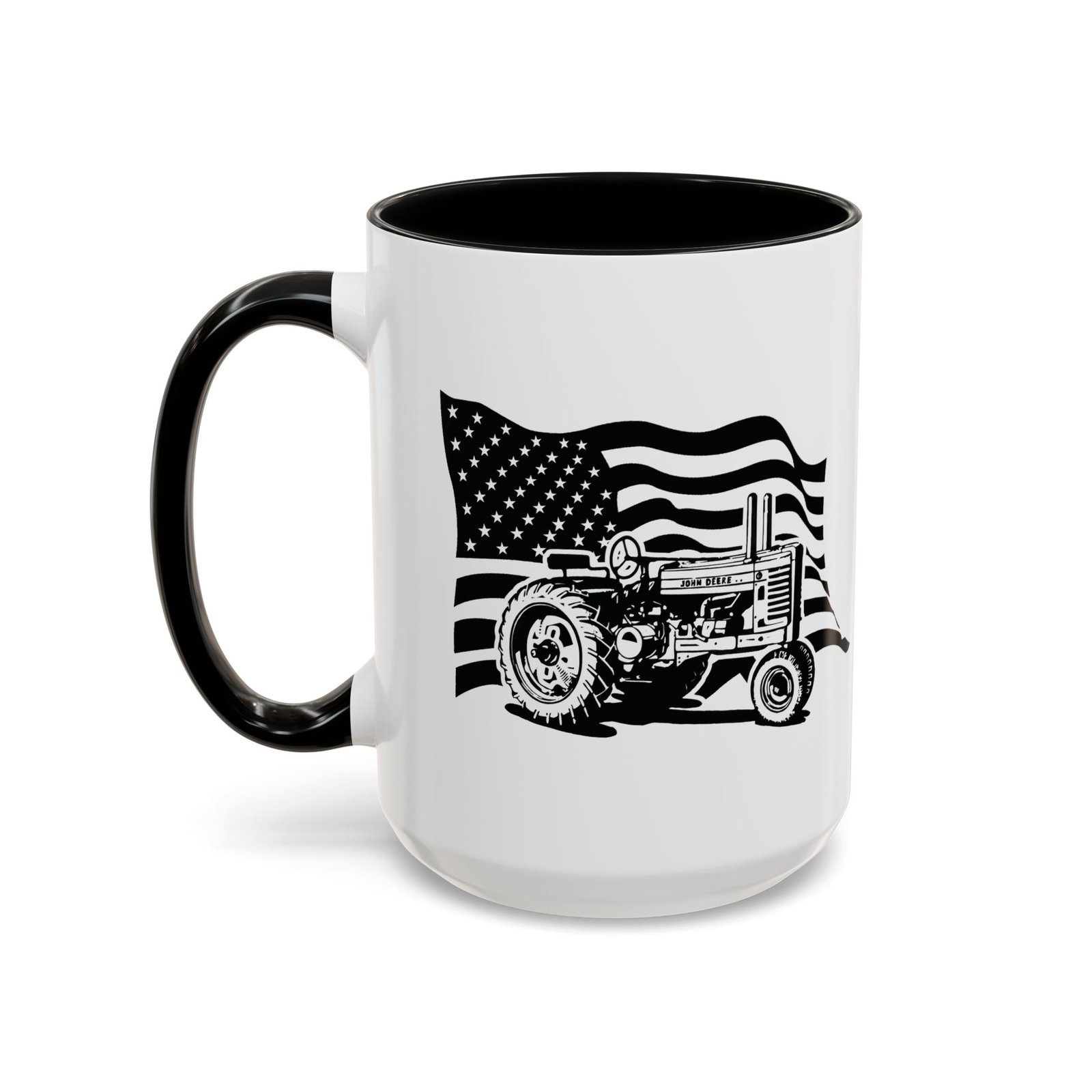 18074766055537127911_2048-1.jpeg Patriotic American Flag John Deere Tractor Coffee Mug – 15oz Ceramic Farm Life Cup with Black Handle – Vintage Farmer Gift - Image 1