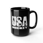 15oz USA Hockey Mug - Black 15oz Ceramic Coffee Cup, Team USA Ice Hockey Varsity Logo with Player Silhouettes, Patriotic Sports Fan Gift & Coach Appreciation Mug  – Ceramic Coffee Cup Humor Mug