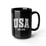 USA EST. 1776 Patriotic Coffee Mug – 15oz Black Ceramic Cup – Vintage Collegiate Style Heritage Gift