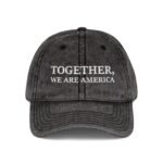 "Together, We Are America" Distressed Cap – Charcoal Grey Vintage Baseball Hat – Patriotic Unity Headwear – Patriotic Unity Headwear – Distressed Charcoal Grey Wizard Hat Cap