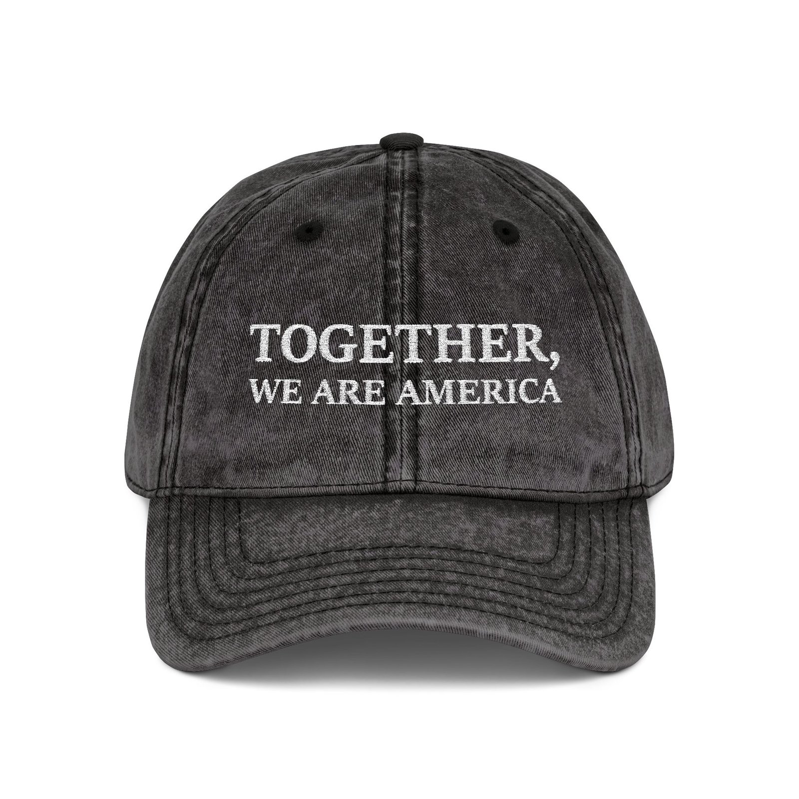 6825965253323505363_2048.jpeg "Together, We Are America" Distressed Cap – Charcoal Grey Vintage Baseball Hat – Patriotic Unity Headwear – Patriotic Unity Headwear – Distressed Charcoal Grey Wizard Hat Cap - Image 1