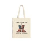 Tote Bag – "Stand for the Flag, Kneel for the Cross" Patriotic Tote Bag – American Flag & Cross Graphic – Natural Canvas Faith-Based Carryall Gift  Durable Eco-Friendly Shopping Bag