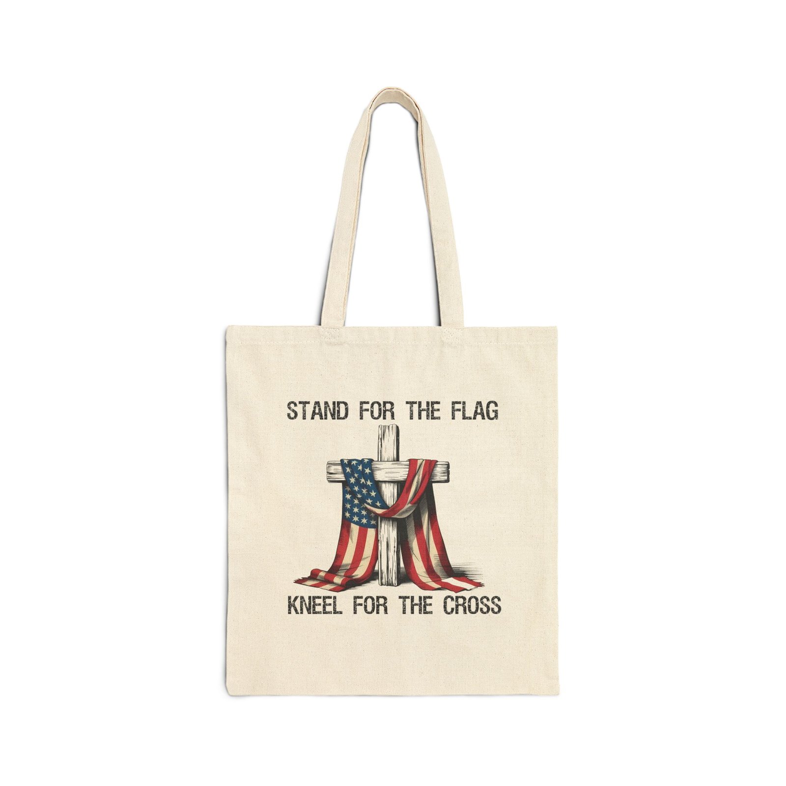 8837003677450332197_2048.jpeg Tote Bag – "Stand for the Flag, Kneel for the Cross" Patriotic Tote Bag – American Flag & Cross Graphic – Natural Canvas Faith-Based Carryall Gift Durable Eco-Friendly Shopping Bag - Image 1
