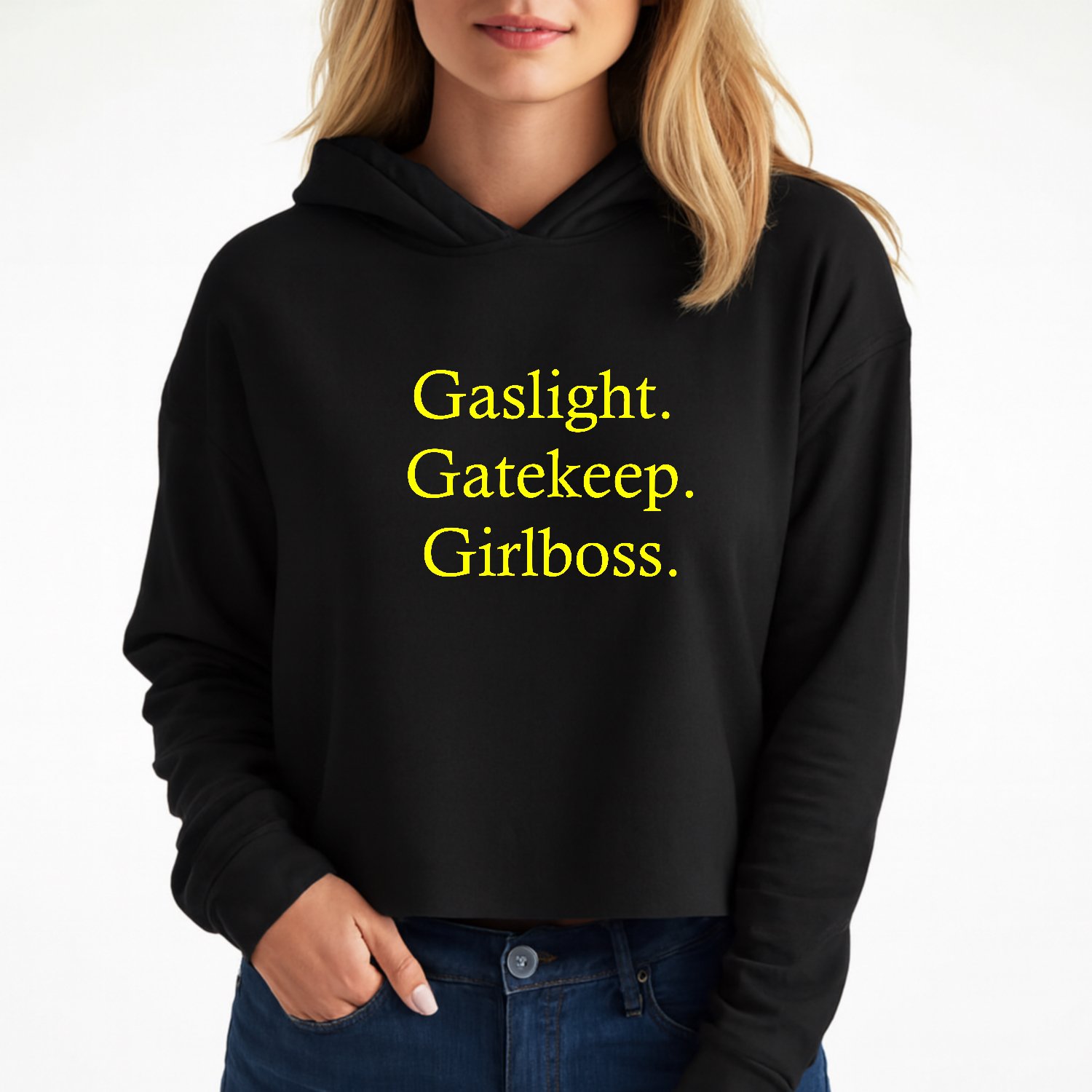 Hoodie_05 Gaslight Gatekeep Girlboss Collection - Ironic Slogan T-Shirt & Cropped Hoodie, Trendy Y2K Satire Apparel, Funny Gen Z Meme Gift, Sarcastic Streetwear Sweatshirt Hoodie Lane Seven Heavyweight Fleece - Image 1