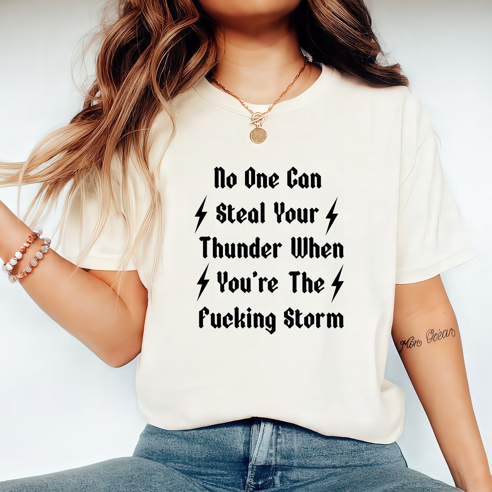 Mockup 48 "No One Can Steal Your Thunder" Motivational T-Shirt – Gothic Font Graphic Tee – Premium White Unisex Tee Adventure T-Shirt, Apparel Shirt Premium Fitted 100% Cotton Tee - Image 1