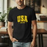 Patriotic USA EST. 1776 T-Shirt – Vintage Collegiate Style Graphic – Heritage Pride Tee – Unisex Tee Shirt Premium Fitted 100% Cotton Tee