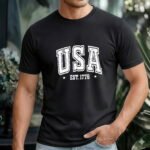 USA EST. 1776 Patriotic T-Shirt – Vintage Collegiate Style Graphic – Heritage Pride Tee – Unisex Tee Shirt Premium Fitted 100% Cotton Tee