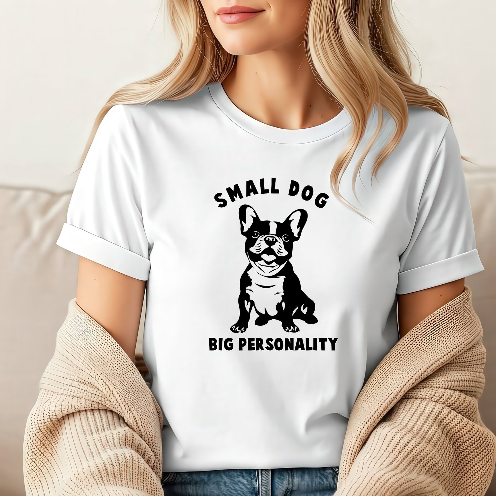 Mockup 66 "Small Dog, Big Personality" French Bulldog T-Shirt – Funny Frenchie Graphic – White Pet Lover Tee - Unisex Tee Shirt Premium Fitted 100% Cotton Tee - Image 1