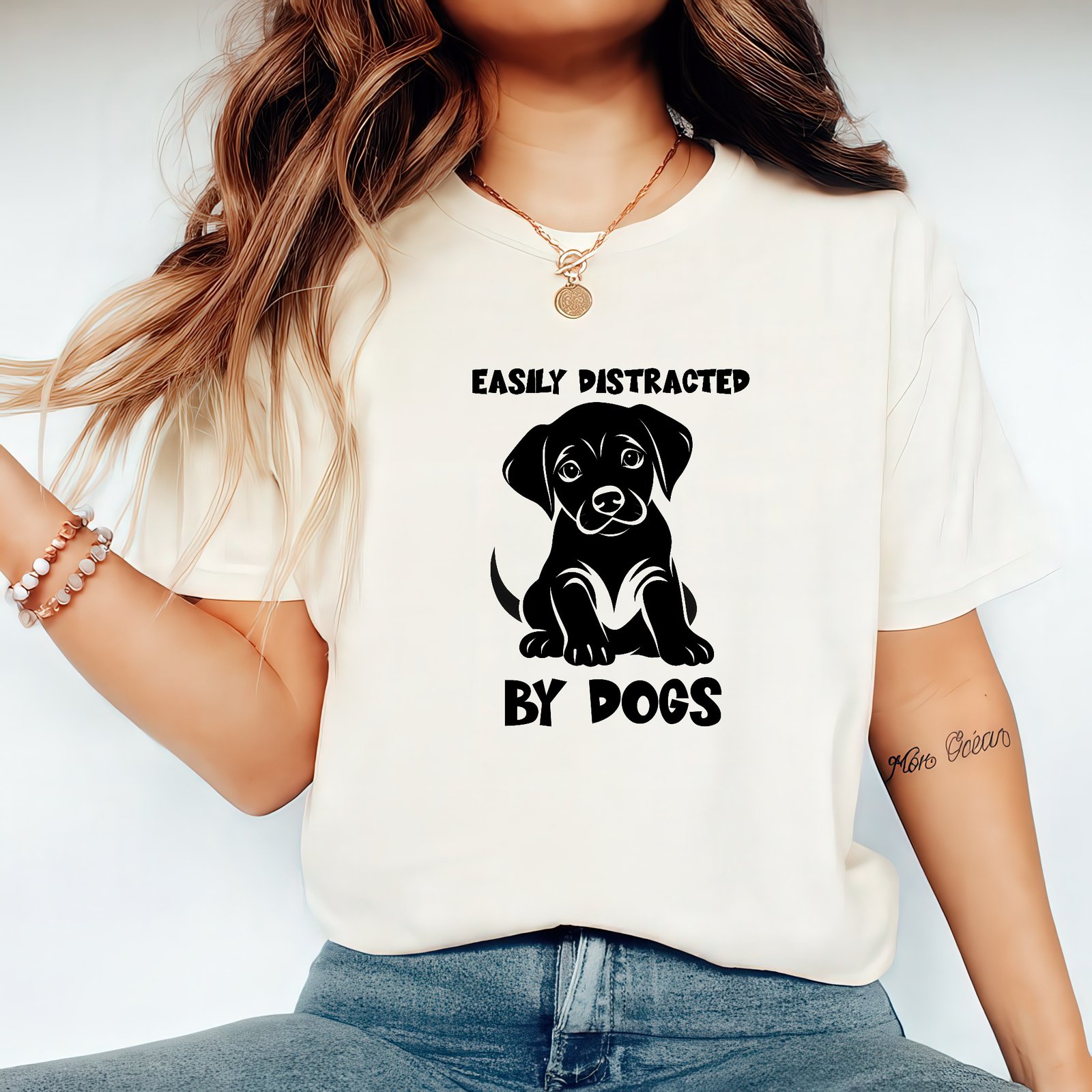 Mockup 67 "Easily Distracted By Dogs" Puppy T-Shirt – Cute Labrador Graphic – White Unisex Pet Lover Heritage Tee - Image 1