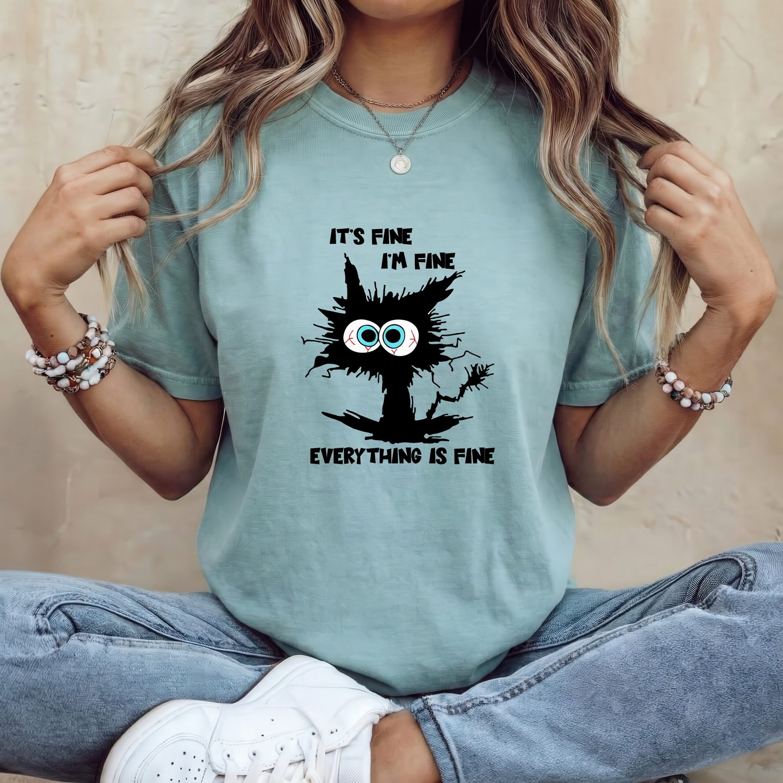 Mockup 70 "It’s Fine, I’m Fine" Funny Cat T-Shirt – Chaotic Stressed Cat Graphic – White Unisex Relatable Humor Tee – Unisex Tee Shirt Premium Fitted 100% Cotton Tee - Image 1