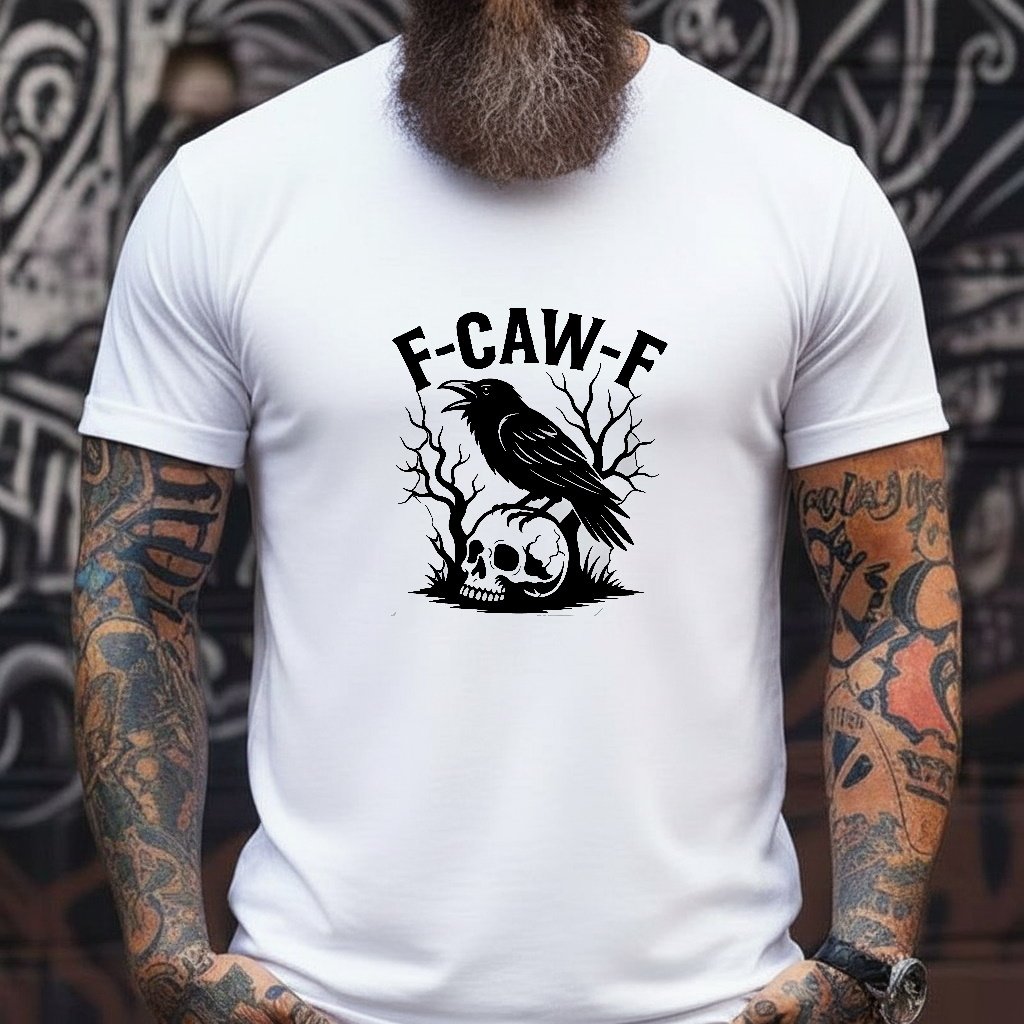 Mockup 71 "F-CAW-F" Crow Sarcastic T-Shirt – Edgy Raven & Skull Graphic – White Unisex Funny Bird Pun Tee - Unisex Tee Shirt Premium Fitted - 100% Cotton Tee - Image 1