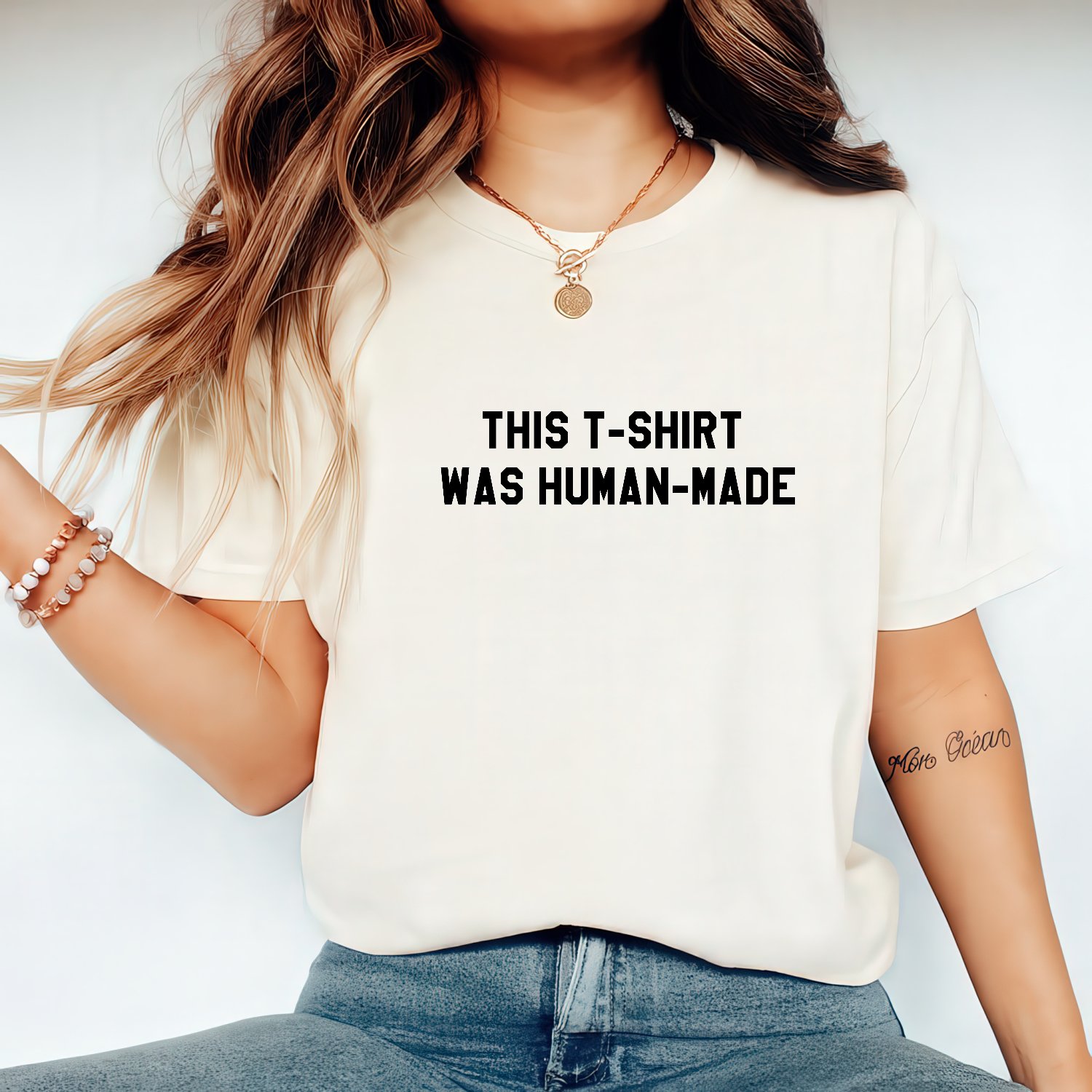 Mockup 77 This T-Shirt Was Human-Made Shirt Aesthetic Graphic Tee, Ethical Fashion Statement Top Funny Anti-AI Slogan T-Shirt, Minimalist Streetwear Tee Shirt Premium Fitted 100% Cotton Tee - Image 1