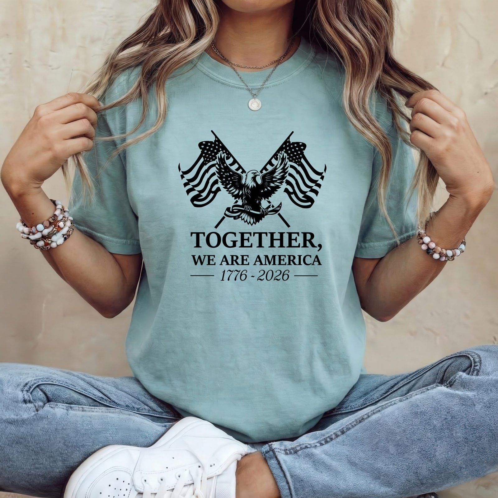 Mockup 80 Together We Are America 1776–2026 Shirt - 250th Anniversary Patriotic Tee, American Eagle & Flags Graphic T-Shirt, Semiquincentennial Commemorative Apparel Tee Shirt Premium Fitted 100% Cotton Tee - Image 1