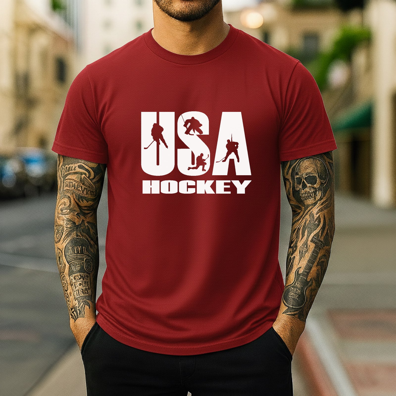 Mockup 84 USA Hockey Shirt - Patriotic Team USA Ice Hockey Graphic Tee, American Flag Sports Apparel, Men's and Women's Athletic T-Shirt, Hockey Fan Gift– Unisex Tee Shirt Premium Fitted 100% Cotton Tee - Image 1