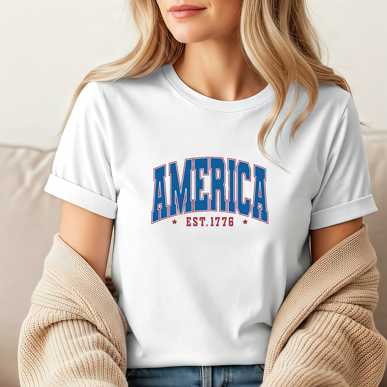Mockup Woman_53 America USA EST. 1776 Patriotic T-Shirt – Vintage Collegiate Style Graphic – Heritage Pride Tee – Unisex Tee Shirt Premium Fitted 100% Cotton Tee - Image 1