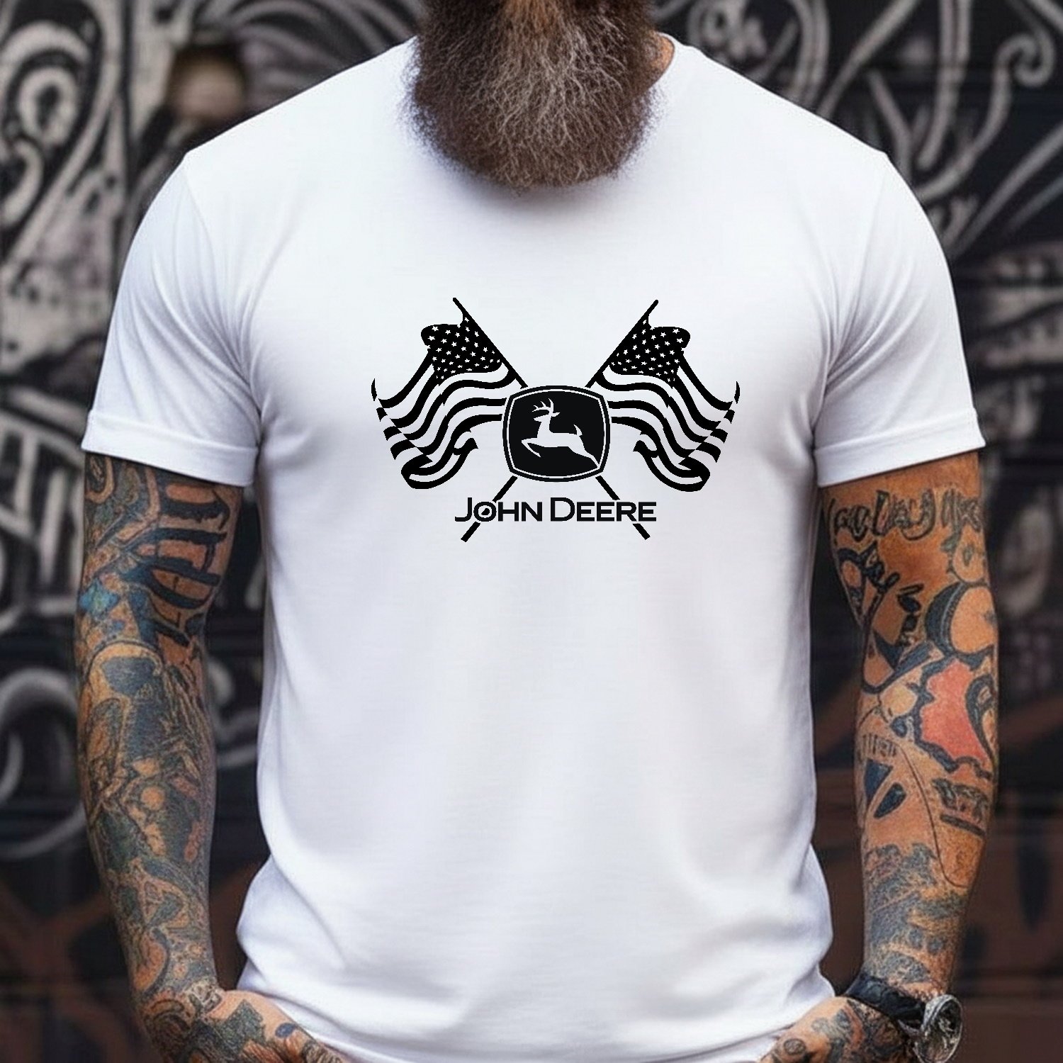 Mockup_60 Patriotic American Crossed Flags John Deere Tractor T-Shirt – Farm Life Graphic – Heather Gray Unisex Farmer Pride Tee - Unisex Tee Shirt Premium Fitted 100% Cotton Tee - Image 1