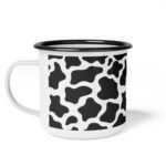 12oz Cow Print Enamel Mug - Black and White Spotted Pattern Campfire Cup, Rustic Farmhouse Decor Coffee Mug, Lightweight Outdoor Adventure & Camping Tin Mug, Gift for Cow Lovers Mug