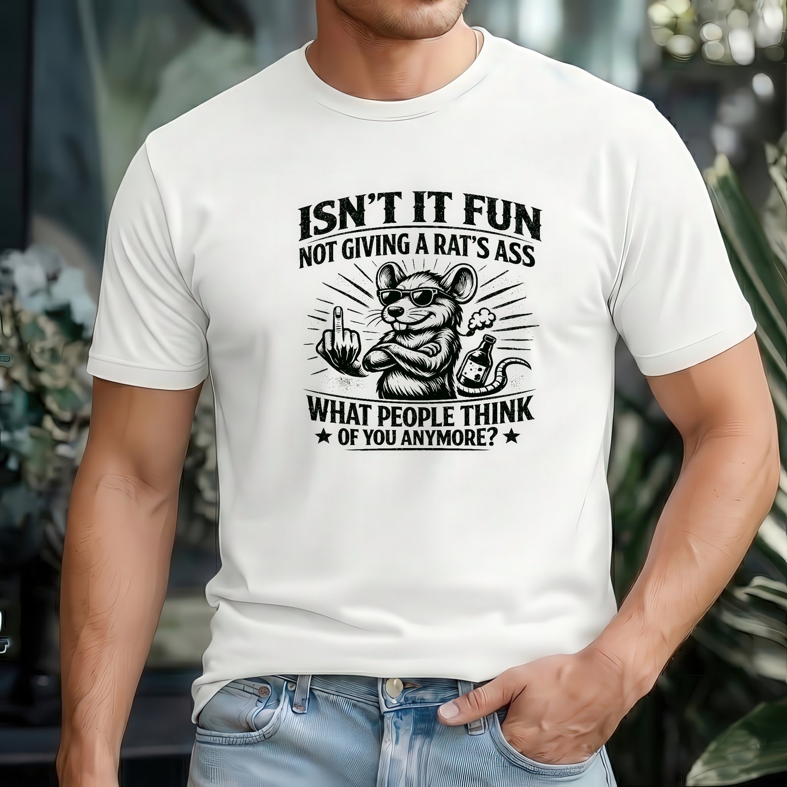 Mockup 100 Sarcastic Rat "I Don't Give A Rat's Ass" Vintage T-Shirt - Edgy Streetwear Graphic Tee - Funny Retro Rodent Shirt - Unhinged Sarcasm Gift Shirt Premium Fitted 100% Cotton Tee - Image 1