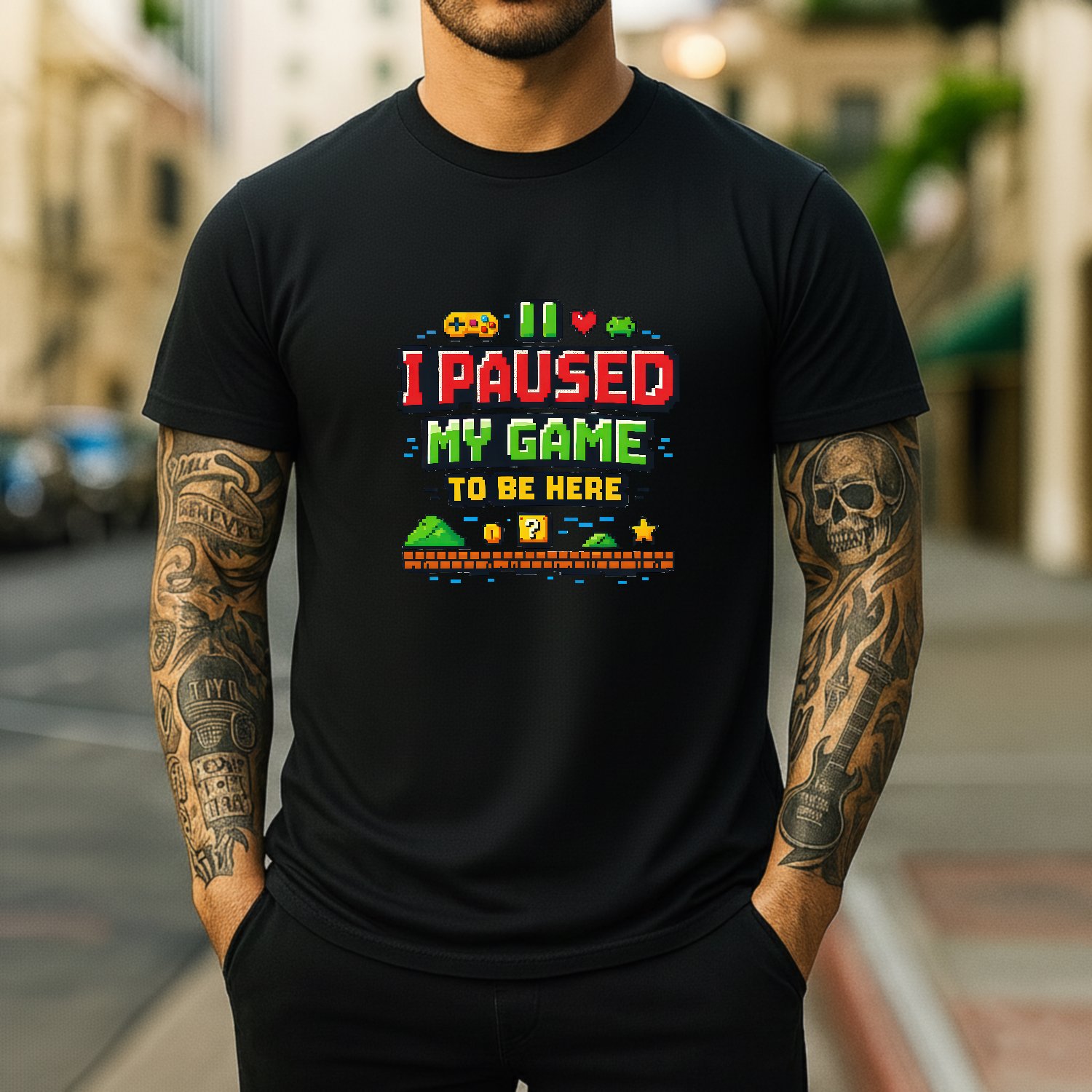 Mockup 108 I Paused My Game To Be Here Shirt - Funny Gamer T-Shirt - Retro 8-Bit Video Game Tee - Geeky Gaming Graphic Shirt - Gift for Gamers Apparel Premium Fitted 100% Cotton - Image 1