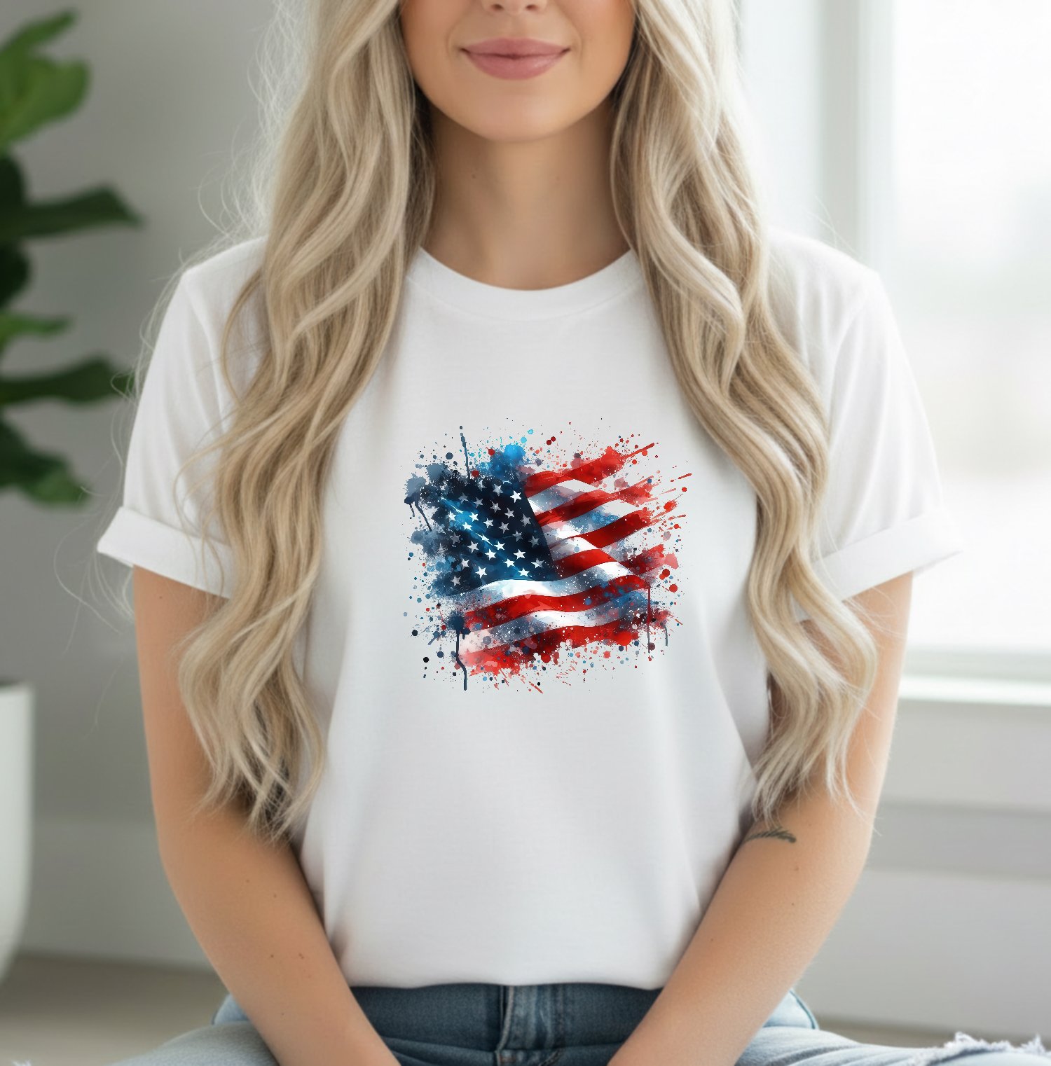 Mockup 97 Watercolor American Flag T-Shirt - Artistic USA Flag Splatter Graphic Tee - Patriotic Red White and Blue Pride Shirt - Fourth of July Watercolor Gift Tee Premium Fitted 100% Cotton Tee - Image 1