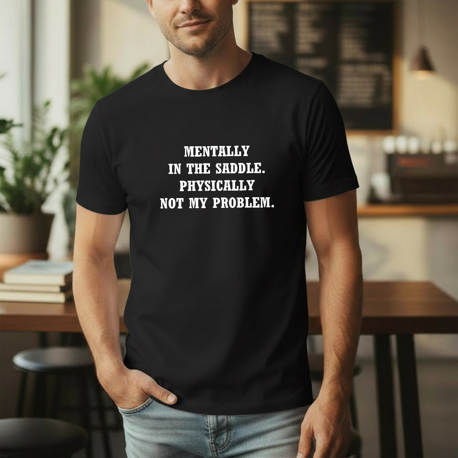 Mockup 99 Mentally In The Saddle T-Shirt - Funny Horse Rider Quote Tee - Equestrian Humor Graphic Shirt - Physically Not My Problem Horse Lover Gift Unisex Tee Shirt Premium Fitted 100% Cotton - Image 1