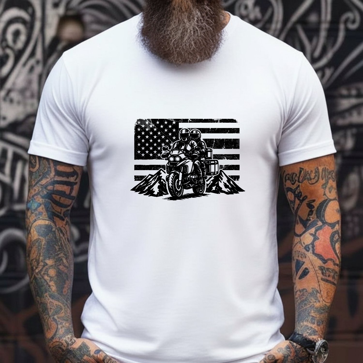 Mockup 115 American Adventure Touring T-Shirt - Motorcycle Couple US Flag Graphic Tee - Dual Sport Adventure Bike Mountain Rider Shirt Apparel Shirt Premium Fitted 100% Cotton Tee - Image 1