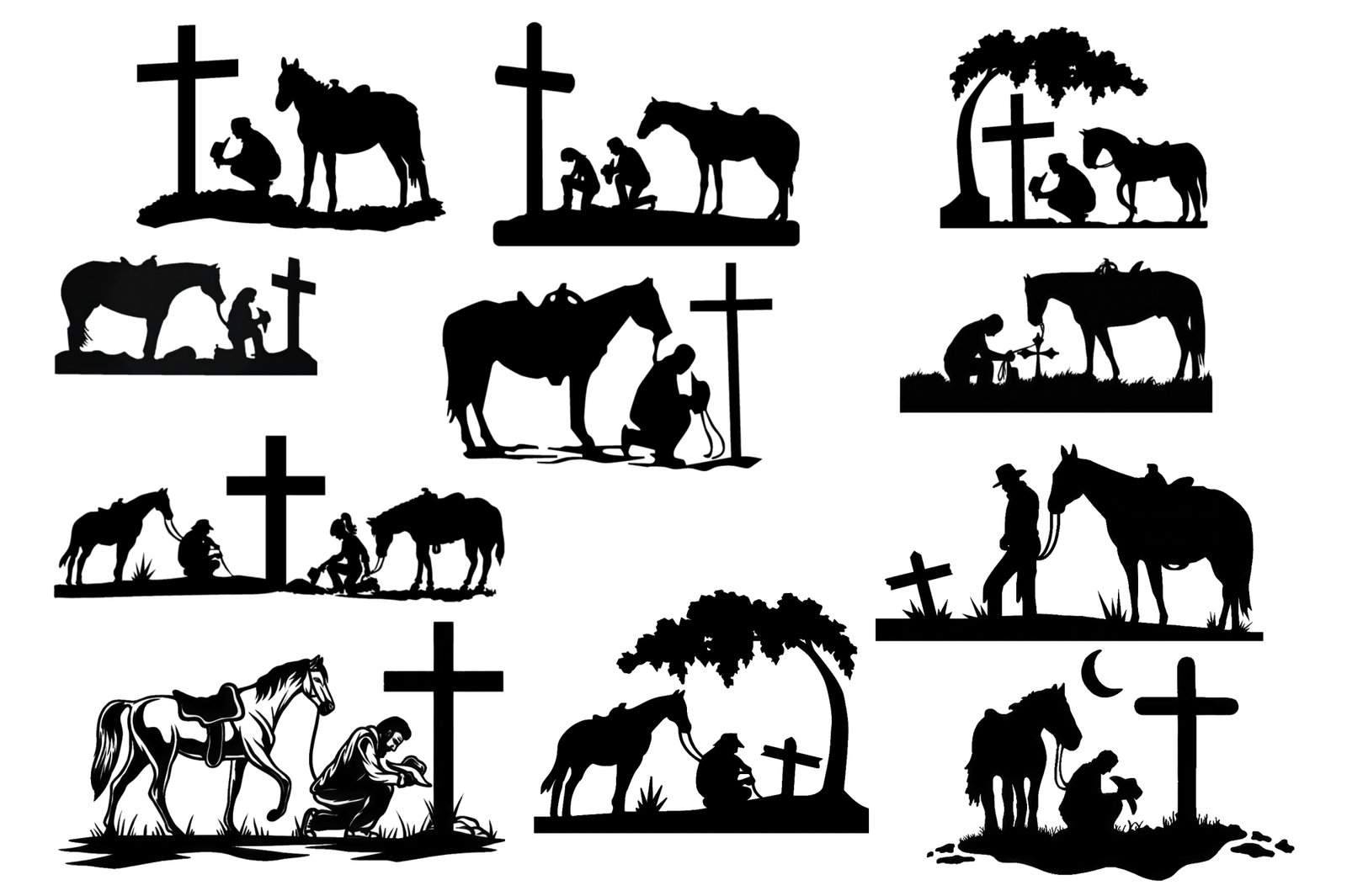 Praying Cowboy_ Cross_W The Cowboy’s Prayer Silhouette Decal Set – 11 Unique Vinyl Graphics – Patriotic & Faith-Based Western PNG SVG files • Digital Download for Cricut & Sublimation – Instant Digital Download - Image 1
