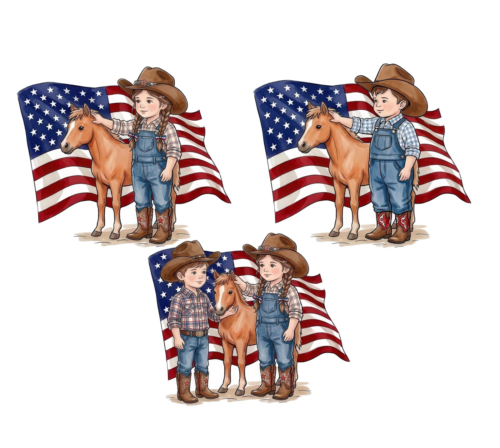 WALLPAPER01 3 x Cowboy nursing Western Kids Patriotic Bundle SVG PNG - Little Cowboy & Cowgirl with Horse - American Flag Country Clipart - 4th of July Sublimation Design for Cricut & Sublimation – Instant Digital Download - Image 1