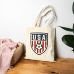 USA Soccer Crest Canvas Tote Bag - Patriotic American Football Shield Grocery Bag - United States Soccer Fan Reusable Tote - Red White and Blue Sports Gift - Image 2