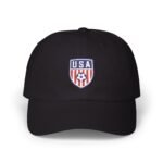 USA Soccer Crest Embroidered Hat - Patriotic American Football Shield Dad Cap - United States Soccer Fan Baseball Hat - Red White and Blue Sports Unisex Black Baseball Hat – Gift for Him or Her