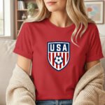 USA Soccer Crest T-Shirt - Patriotic American Football Graphic Tee - United States Soccer Shield Shirt - Red White and Blue Sports Fan Gift Apparel Top Shirt Premium Fitted 100% Cotton