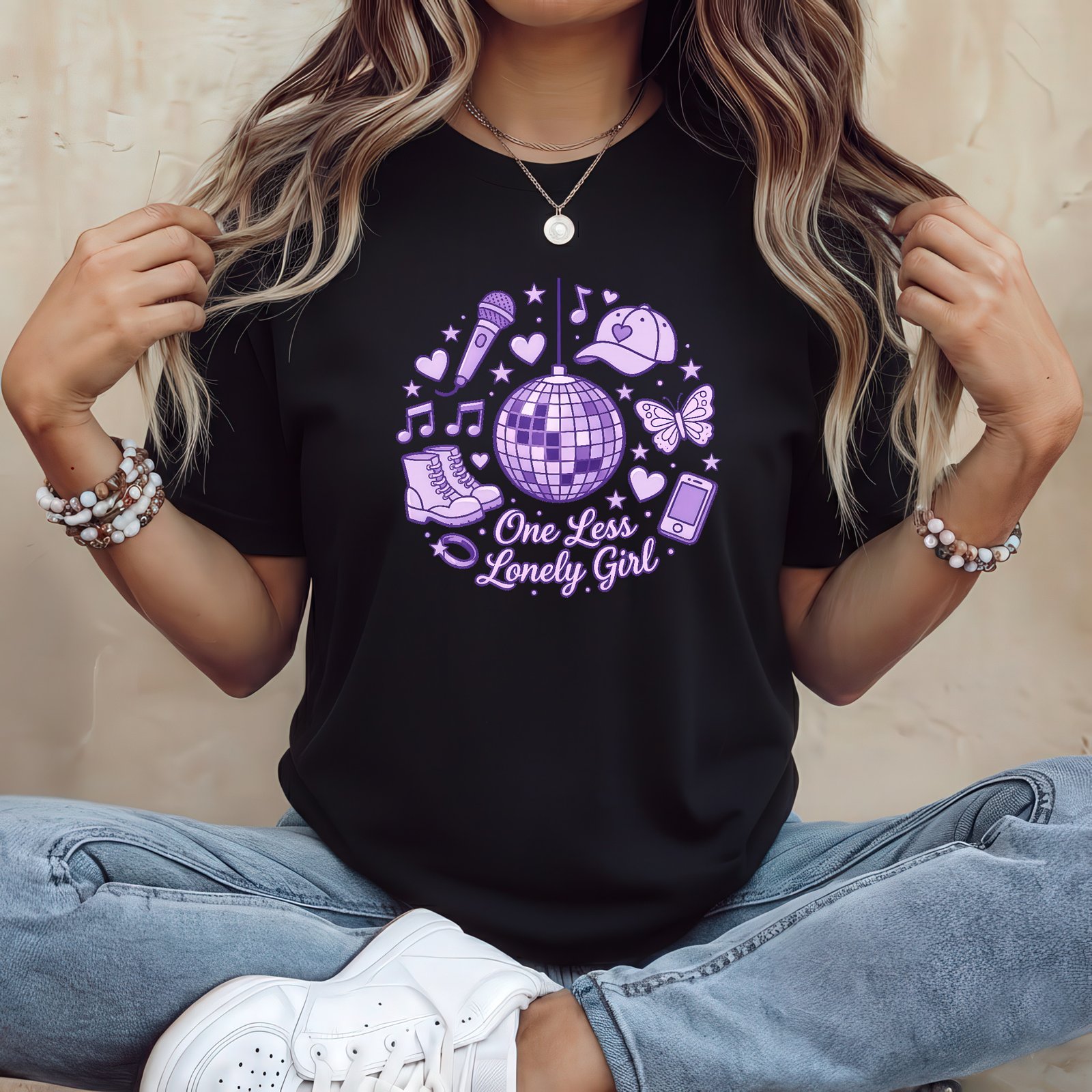 Mockup Woman_02 One Less Lonely Girl T-Shirt - Y2K Nostalgia Graphic Tee - Purple Disco Ball Pop Fan Shirt - Retro 2010s Aesthetic Concert Top - Cute Butterfly & Music Note Streetwear Shirt Premium Fitted 100% Cotton - Image 1