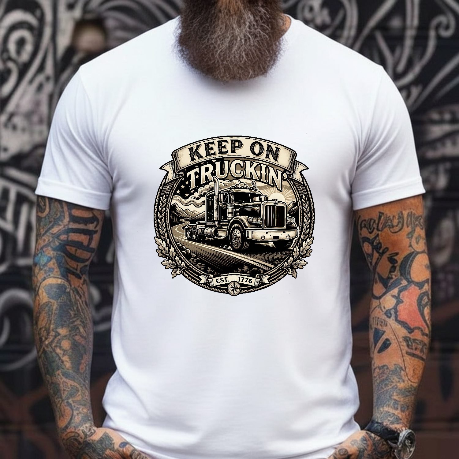 WALLPAPER 41 Keep on Truckin T-Shirt, Vintage Trucker Gift, American Semi Truck Shirt, Retro Road Trip Tee, Truck Driver Apparel, Gift for Him, Long Haul Shirt Premium Fitted 100% Cotton - Image 1