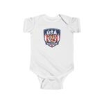 USA Soccer Shield Baby Bodysuit - Patriotic 4 Star Infant One-Piece - United States Athletic Crest Romper - Red White and Blue Newborn Sports Fan Gift