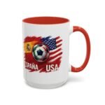 15pz España vs USA Soccer Mug, Spain United States Football Rivalry Cup, Two-Tone Ceramic Coffee Mug, International Soccer Fan Gift Cup
