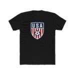 USA Soccer Crest T-Shirt - Patriotic American Football Graphic Tee - United States Soccer Shield Shirt - Red White and Blue Sports Fan Gift Apparel Top Shirt Premium Fitted 100% Cotton