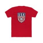 USA Soccer Crest T-Shirt - Patriotic American Football Graphic Tee - United States Soccer Shield Shirt - Red White and Blue Sports Fan Gift Apparel Top Shirt Premium Fitted 100% Cotton - Image 7