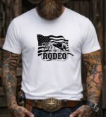This Is My First Rodeo Shirt, Funny American Flag Cowboy T-Shirt, Patriotic Western Tee, Sarcastic Country Graphic Shirt Premium Fitted 100% Cotton